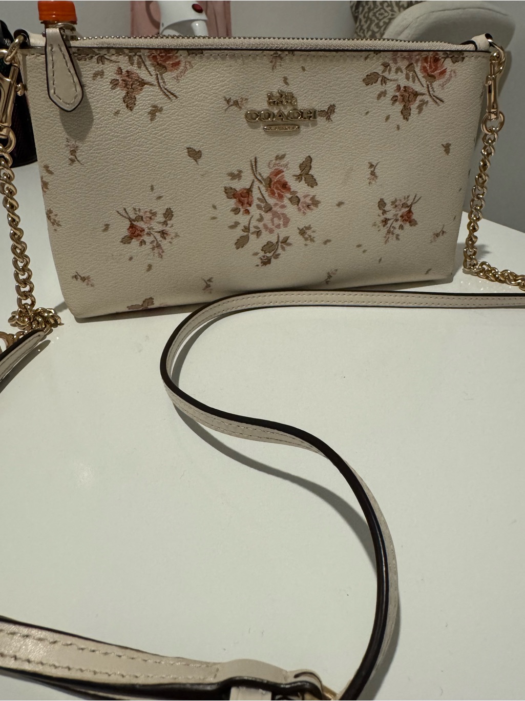 Coach Cream Floral Crossbody With Gold Chain Strap